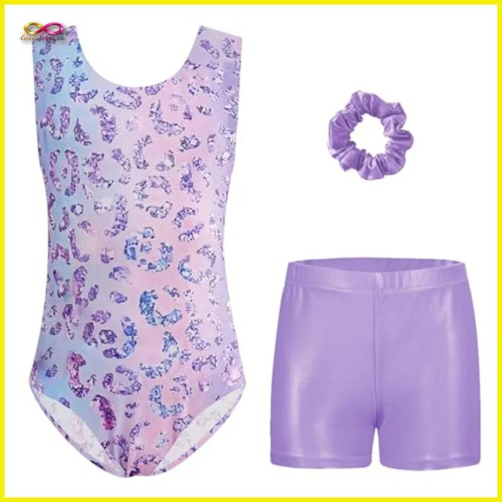 Sparkly Leopard Print‎ Gymnastics Leotard Set with Shorts and Scrunchie
